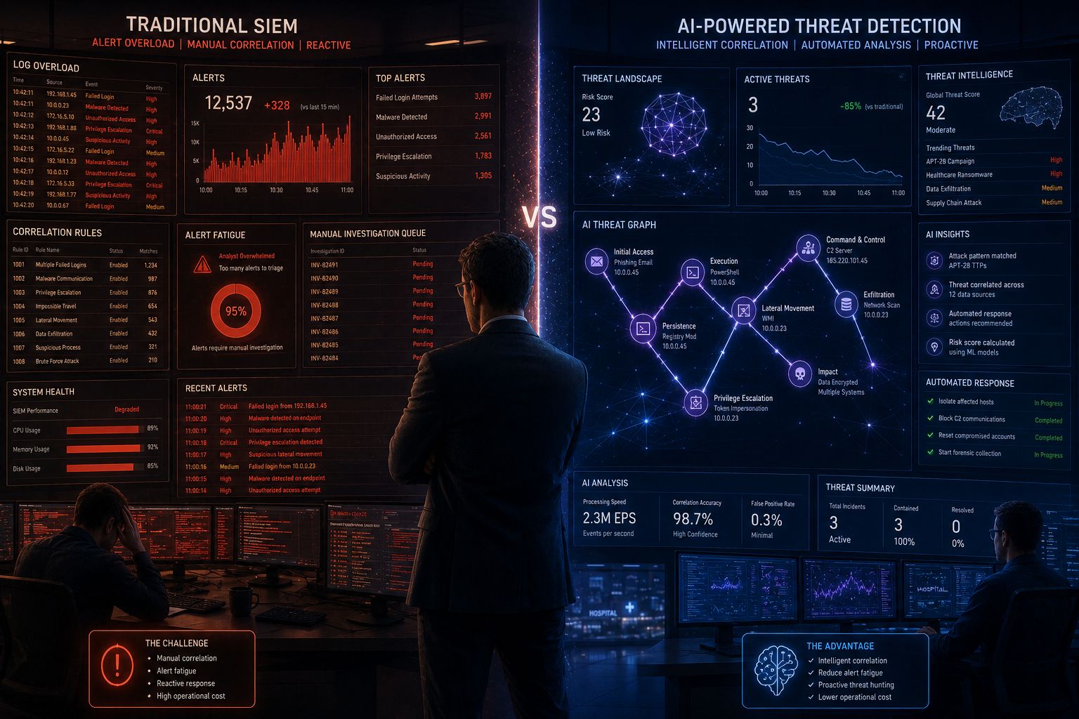 Featured cover image for the article: AI-Powered Threat Detection vs Traditional SIEM: What Healthcare CISOs Need to Know
