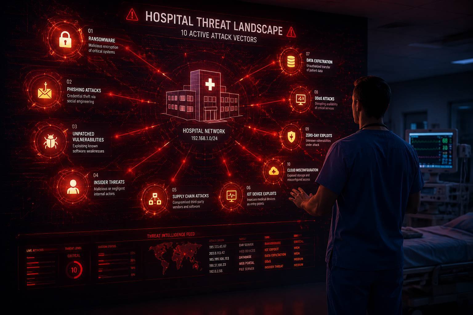 Featured cover image for the article: Top 10 Cybersecurity Threats Facing Healthcare Organizations in 2026